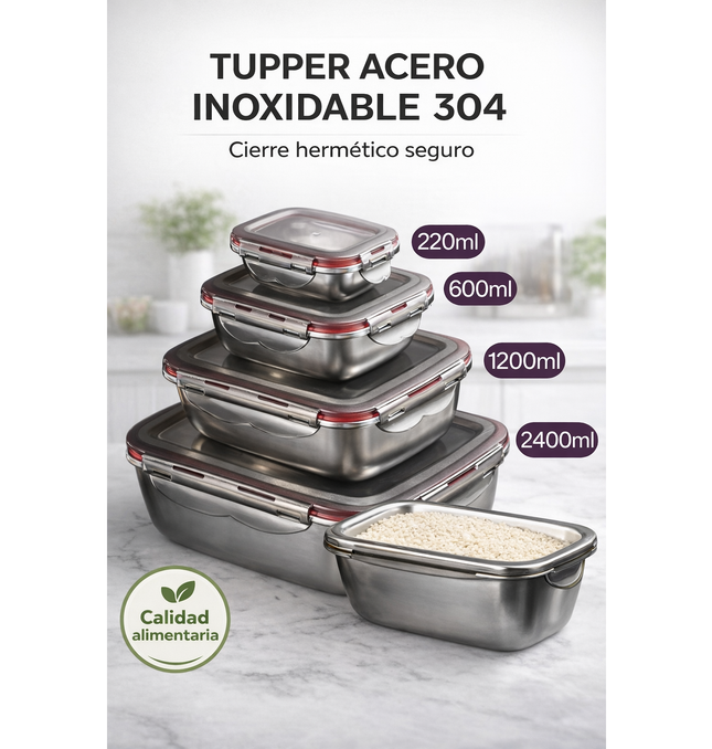 Set Tuppers Acero Inoxidable Herméticos 4 Tamaños (220 a 2400 ml)