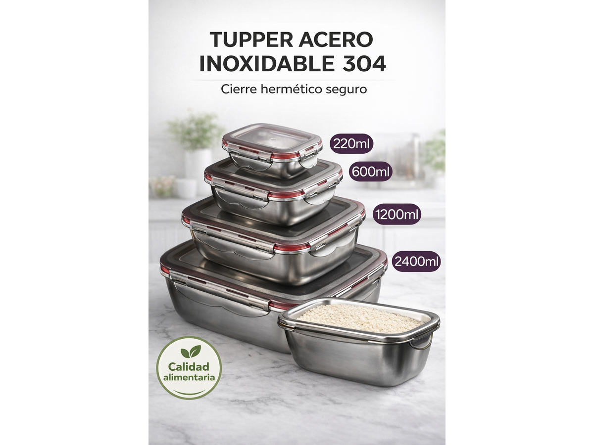 Set Tuppers Acero Inoxidable Herméticos 4 Tamaños (220 a 2400 ml)