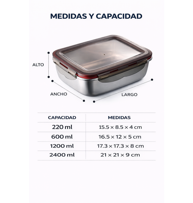 Set Tuppers Acero Inoxidable 3 Tamaños Herméticos (600 a 2400 ml)