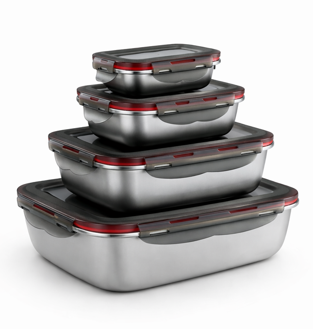 Set Tuppers Acero Inoxidable Herméticos 4 Tamaños (220 a 2400 ml)