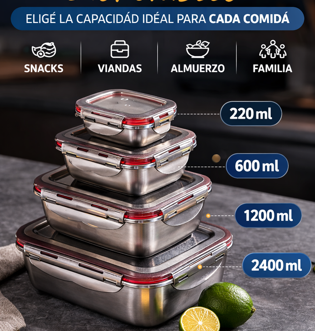 Set Tuppers Acero Inoxidable 3 Tamaños (220, 600 y 1200 ml)