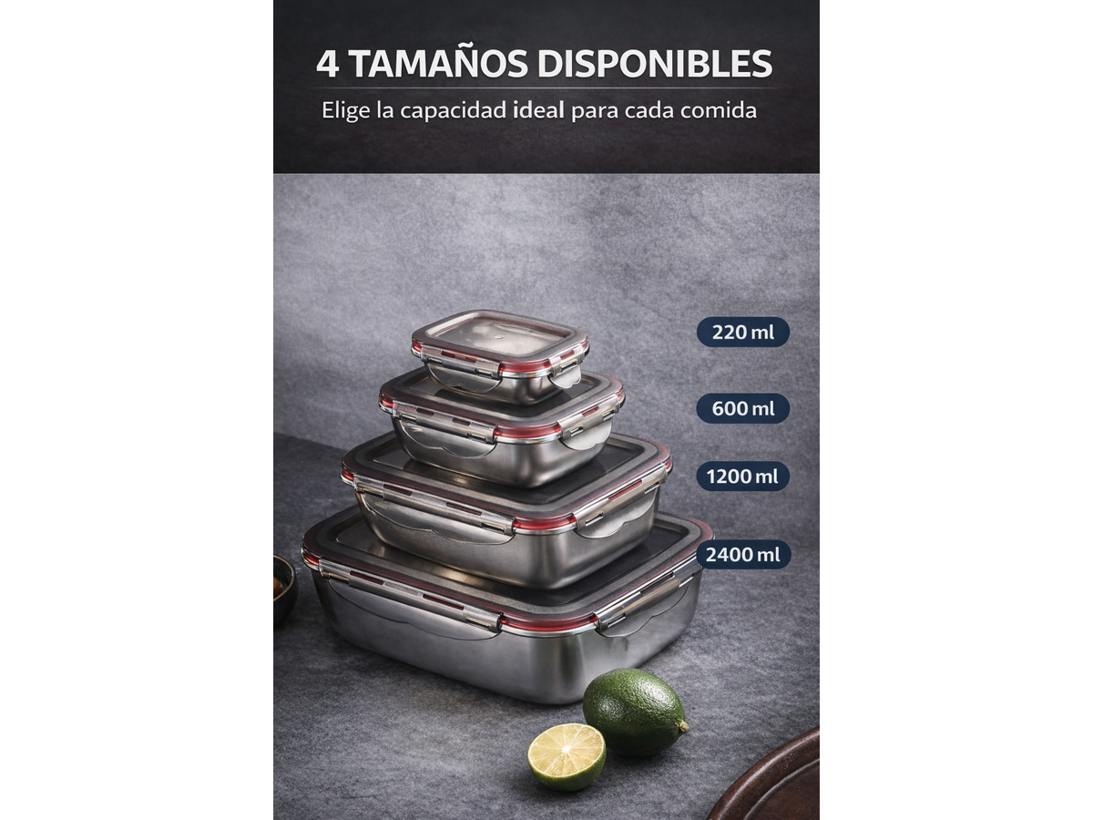 Tupper Acero Inoxidable Hermético 1200 ml Vianda Completa Antiderrame