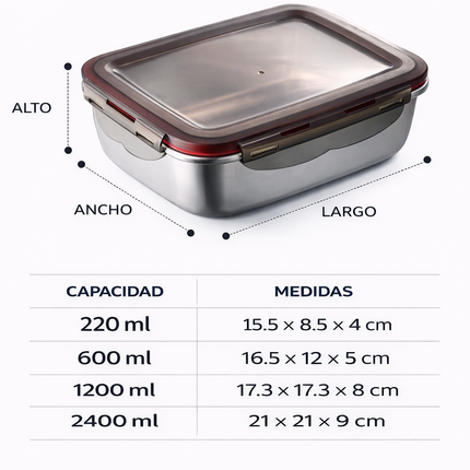Tupper Hermético Acero Inoxidable 2400 ml Grande Familiar Antiderrame
