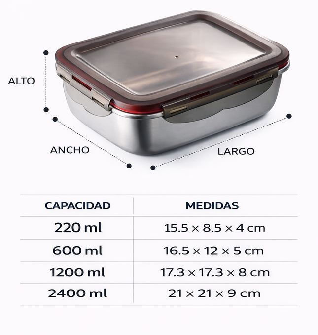 Set Tuppers Acero Inoxidable 3 Tamaños (220, 600 y 1200 ml)