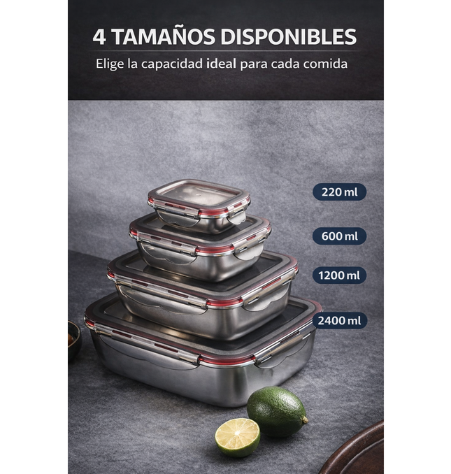 Tupper Hermético Acero Inoxidable 2400 ml Grande Familiar Antiderrame