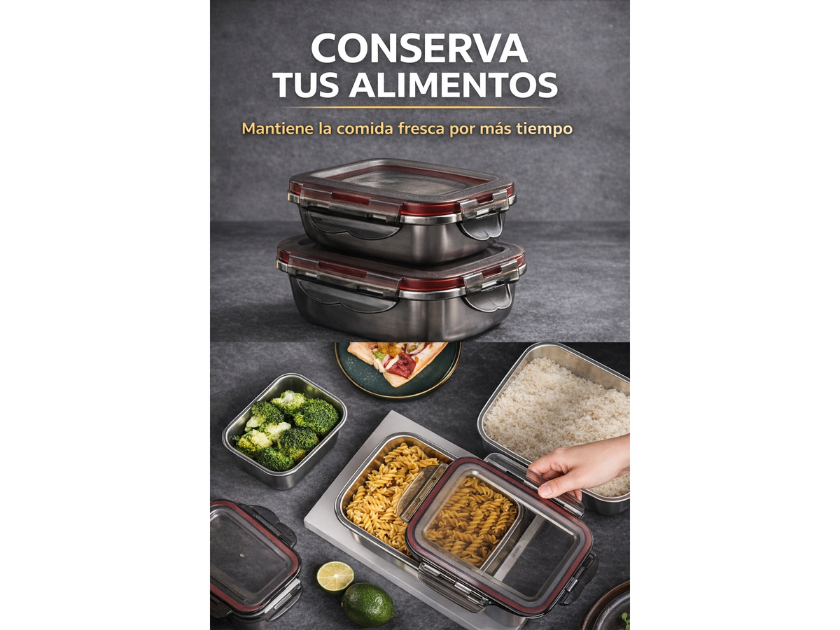 Set Tuppers Acero Inoxidable 3 Tamaños Herméticos (600 a 2400 ml)