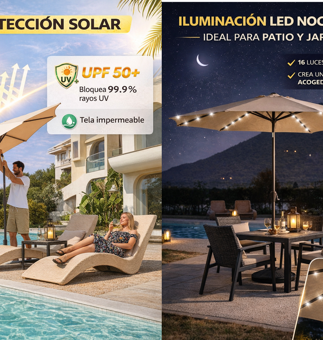 Sombrilla Jardín Led 2.7m Con Base Inclinable Exterior