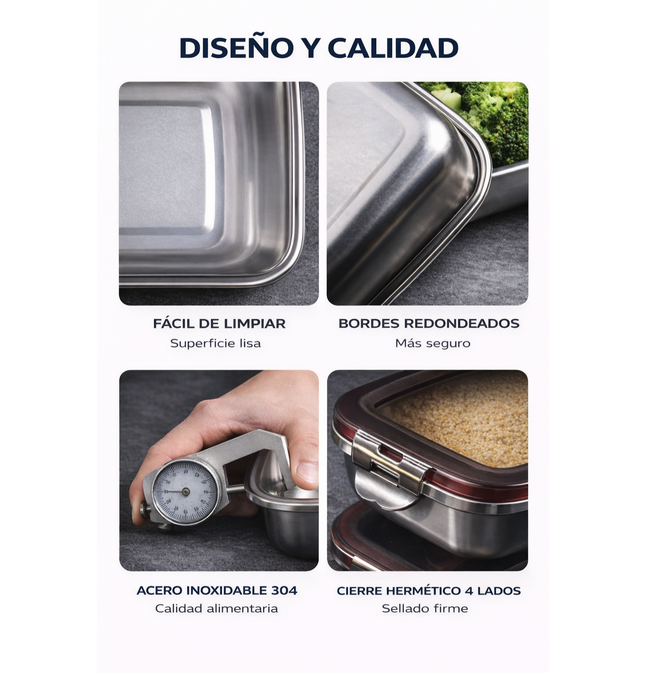 Tupper Acero Inoxidable Hermético 1200 ml Vianda Completa Antiderrame