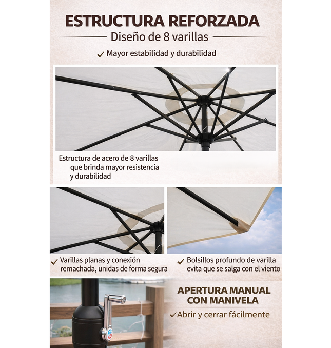 Sombrilla Jardín Led 2.7m Con Base Inclinable Exterior