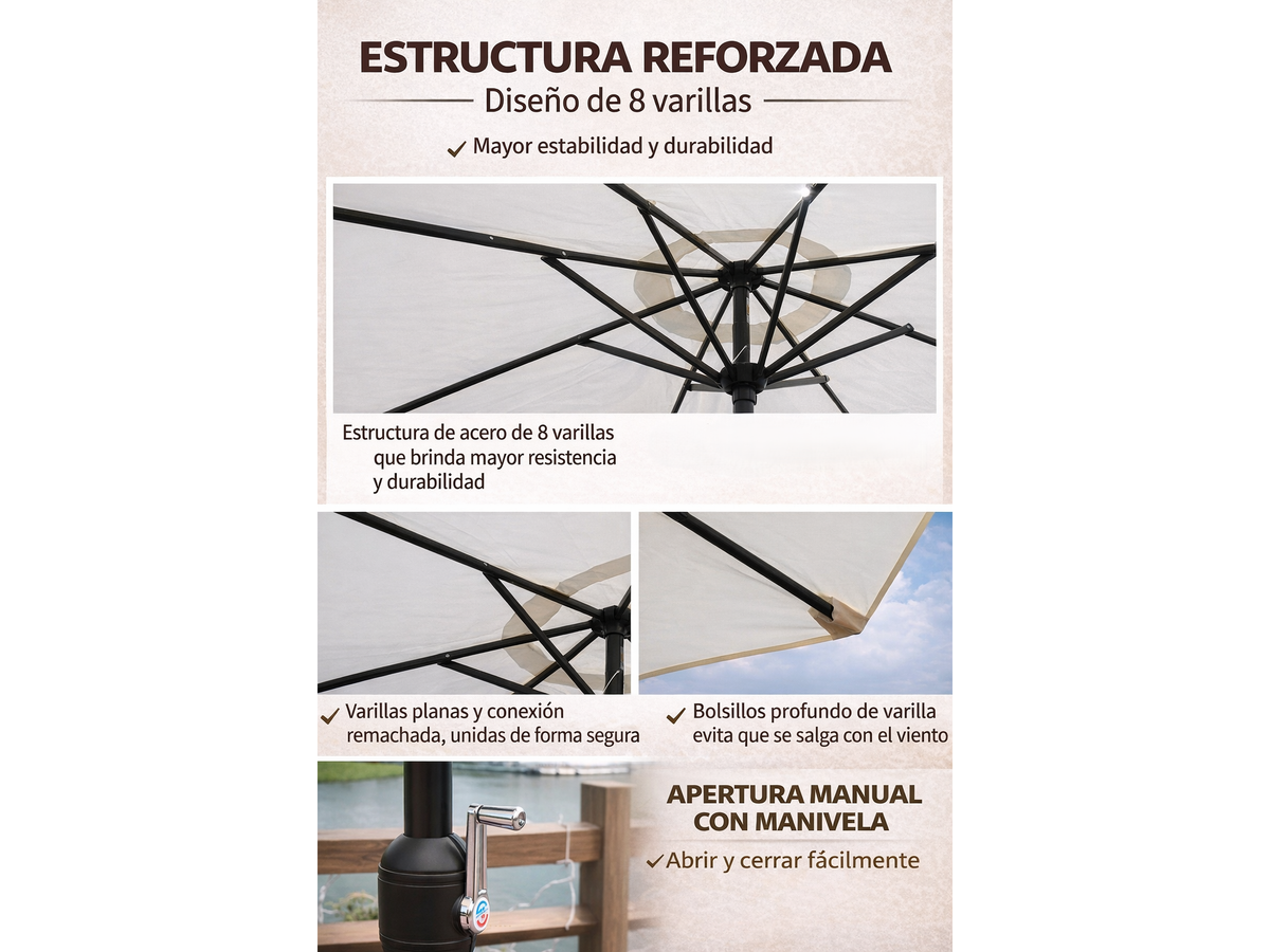 Sombrilla Jardín Led 2.7m Con Base Inclinable Exterior