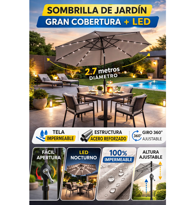 Sombrilla Jardín Led 2.7m Inclinable Exterior