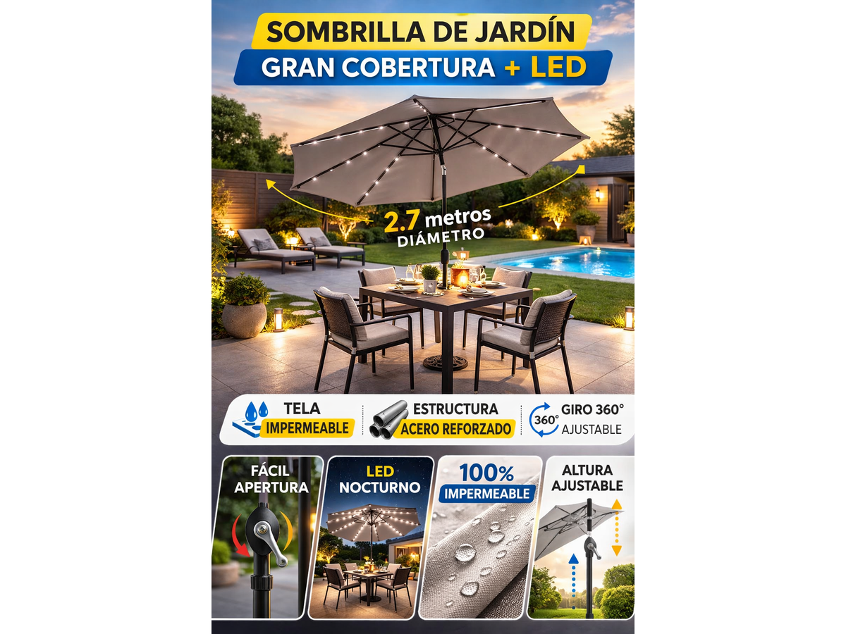 Sombrilla Jardín Led 2.7m Inclinable Exterior