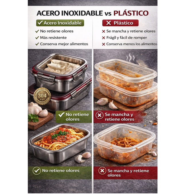 Set Tuppers Acero Inoxidable 3 Tamaños Herméticos (600 a 2400 ml)
