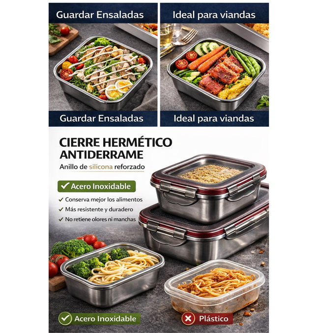 Tupper Hermético Acero Inoxidable 2400 ml Grande Familiar Antiderrame