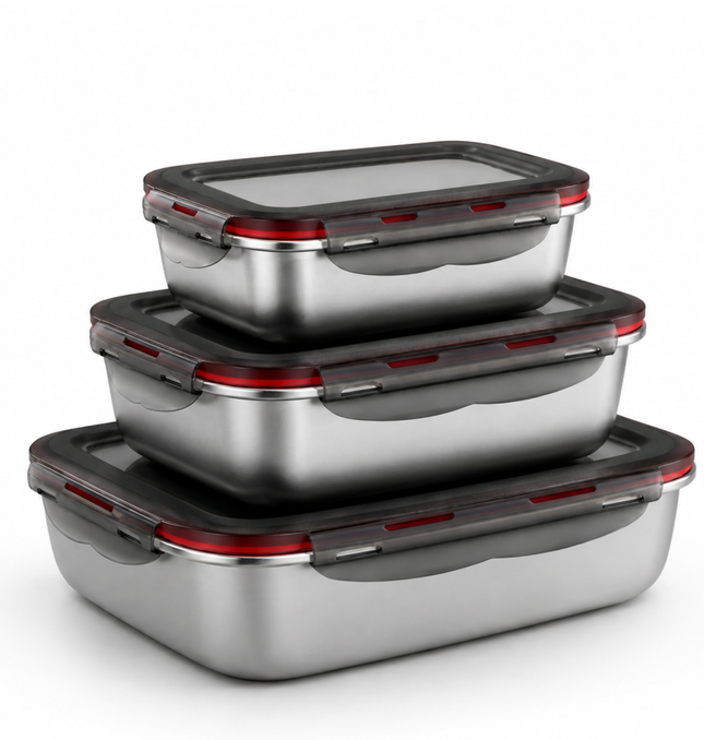 Set Tuppers Acero Inoxidable 3 Tamaños Herméticos (600 a 2400 ml)