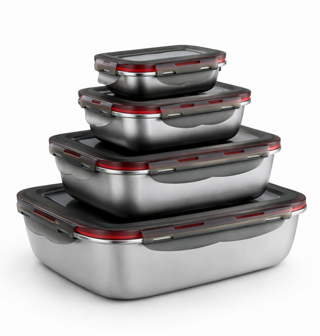 Set Tuppers Acero Inoxidable Herméticos 4 Tamaños (220 a 2400 ml)