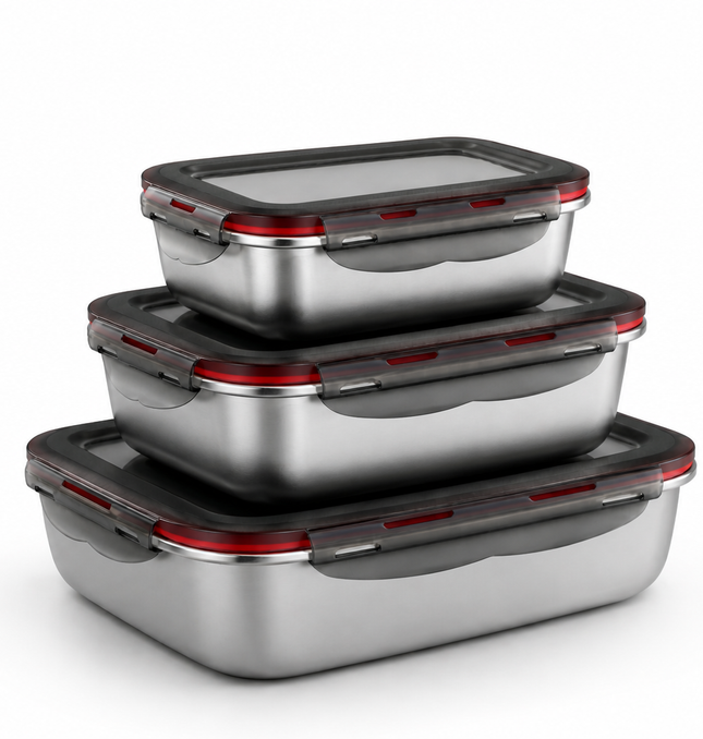 Set Tuppers Acero Inoxidable 3 Tamaños (220, 600 y 1200 ml)